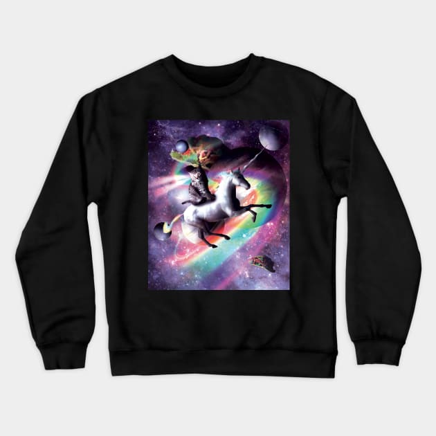 Space Cat Riding Unicorn - Laser, Tacos And Rainbow Crewneck Sweatshirt by Random Galaxy